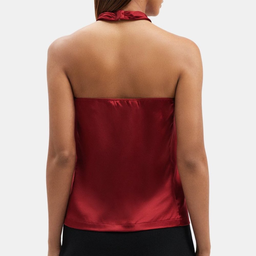 Theory Ertil Cross Front Halter Top Size P Stretch Satin SILK Red Dahlia NEW - Picture 4 of 12
